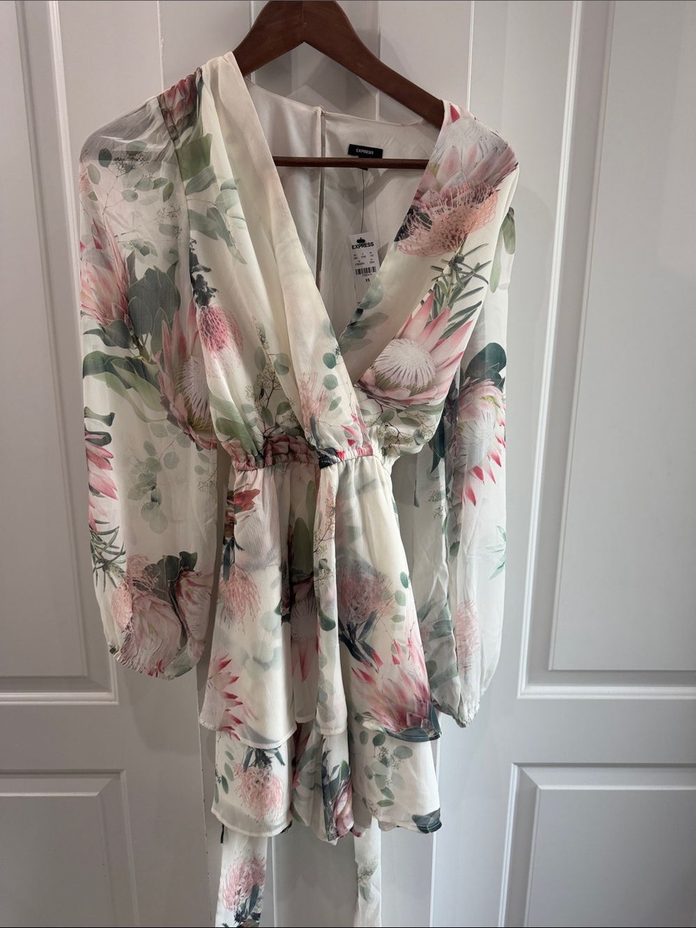 Express Ivory Floral Long-Sleeve Wrap Dress with Pink and Green Print